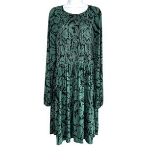 Boden Smocked Knee Length Dress Leaf Print Balloon Sleeves Pockets Sz 12R